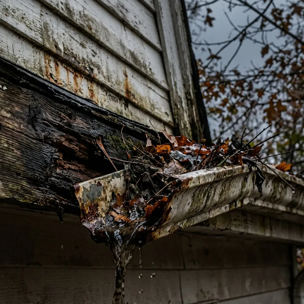 Old rusted and clogged gutters sagging off a house fascia board